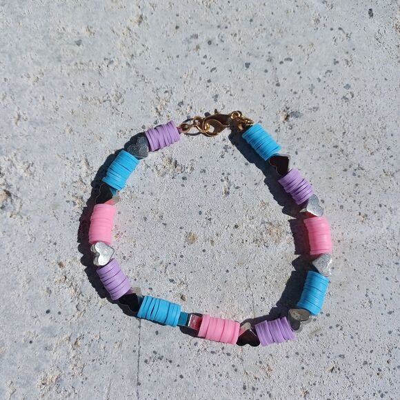 Pink, Blue and Purple Beaded Bracelet with Lobster Clasp - Picture 2 of 2